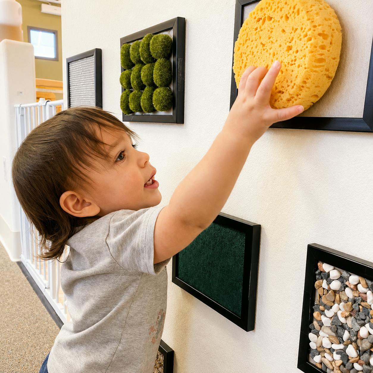 Child touching a sponge attached to a sensory wall