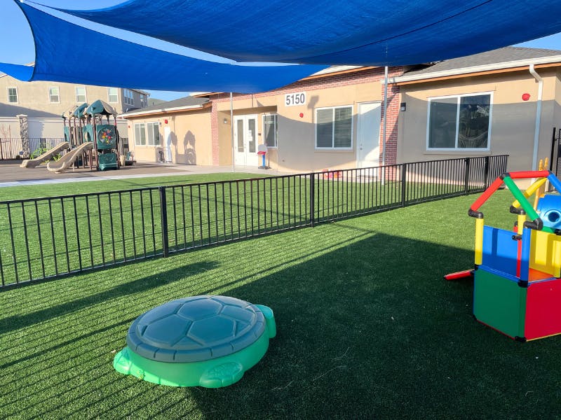 Outdoor playground with artificial turf, a turtle sandbox, and a building