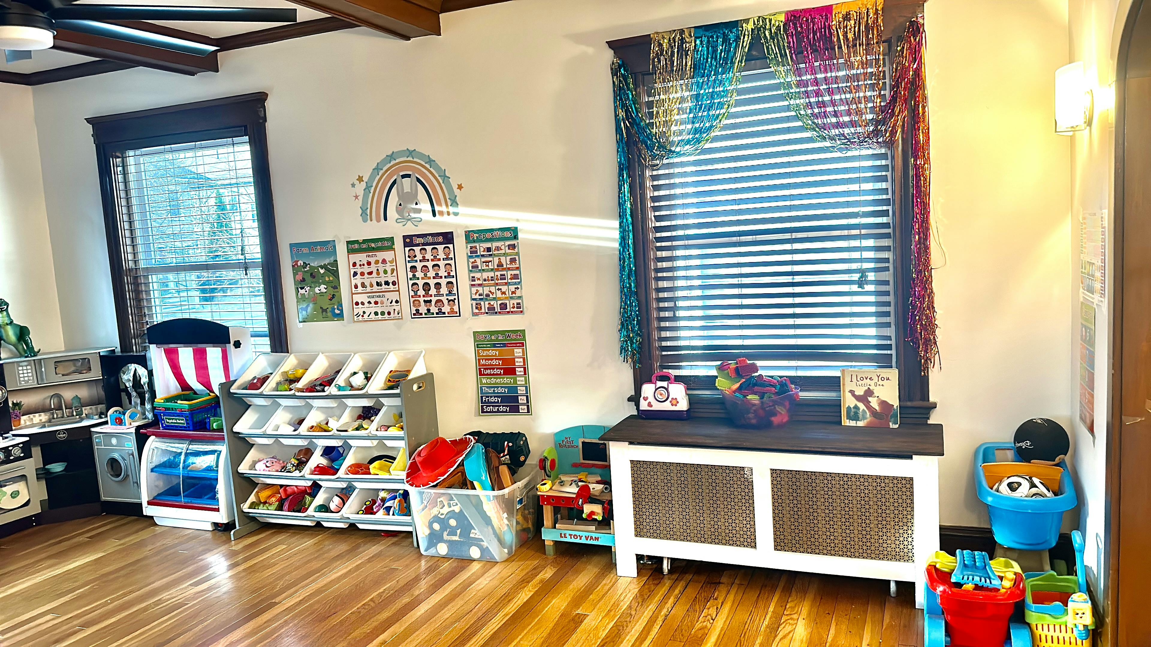 Playroom with toy storage shelves and windows