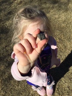 Child holding up a small rock