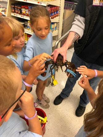 Adult holding a lobster while children gather around to touch it
