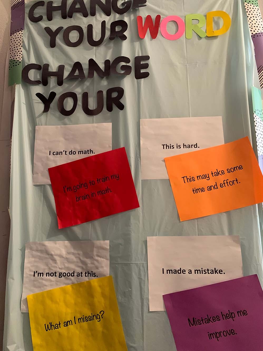 Classroom display with cutouts reading "CHANGE YOUR WORD CHANGE YOUR" above cards