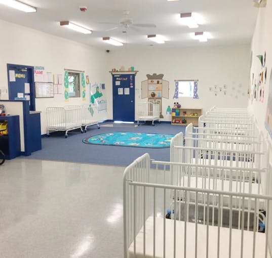 Room with multiple white cribs and a blue rug