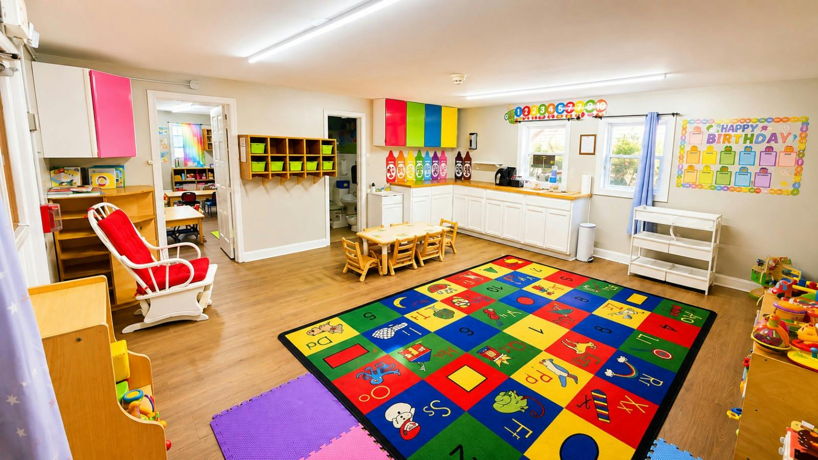 Colorful preschool classroom with a learning rug and child-sized furniture