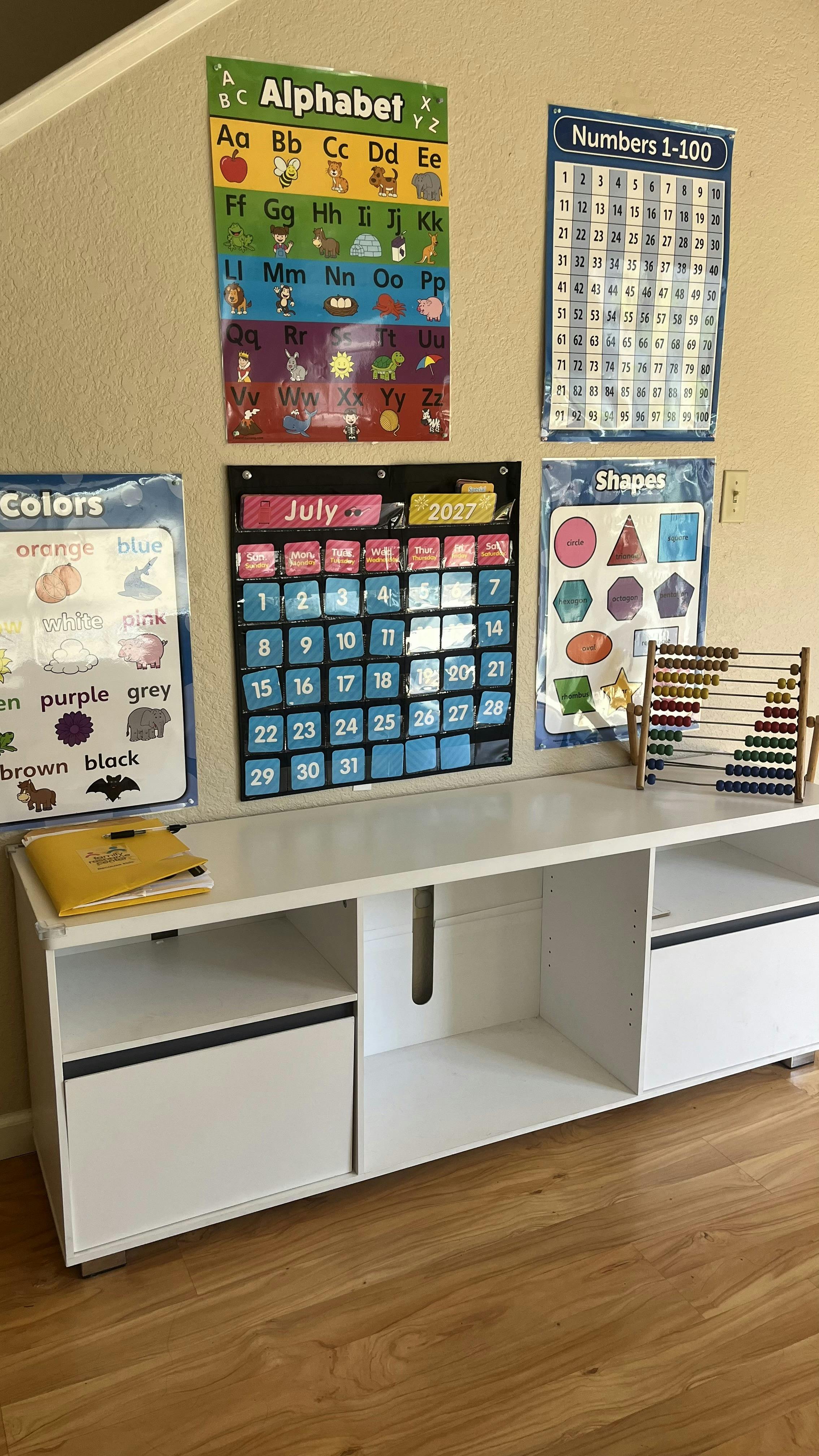 Educational posters on a wall above a white media console