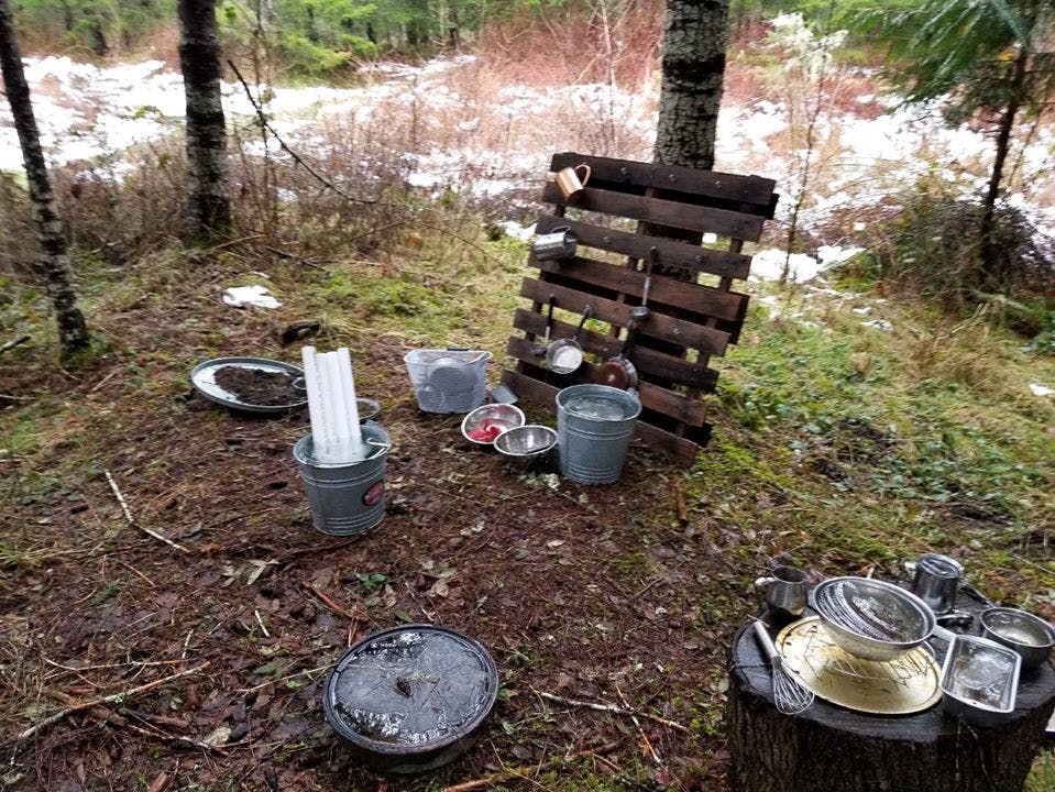 Various metal containers and buckets on the ground in a wooded area