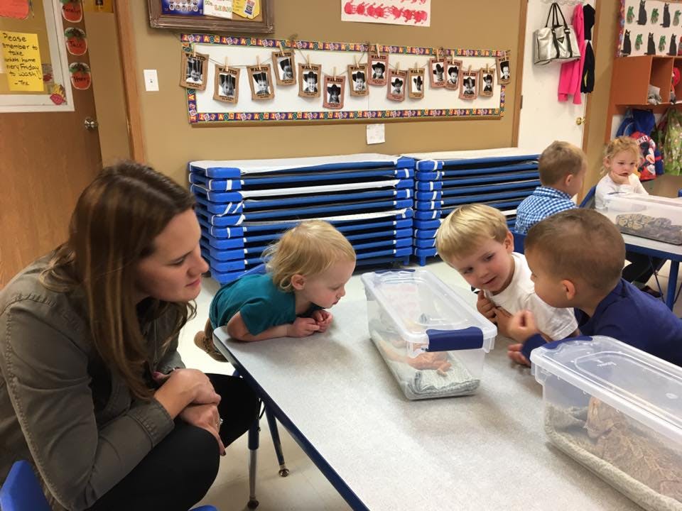 Adult and children looking at a container on a table in a classroom