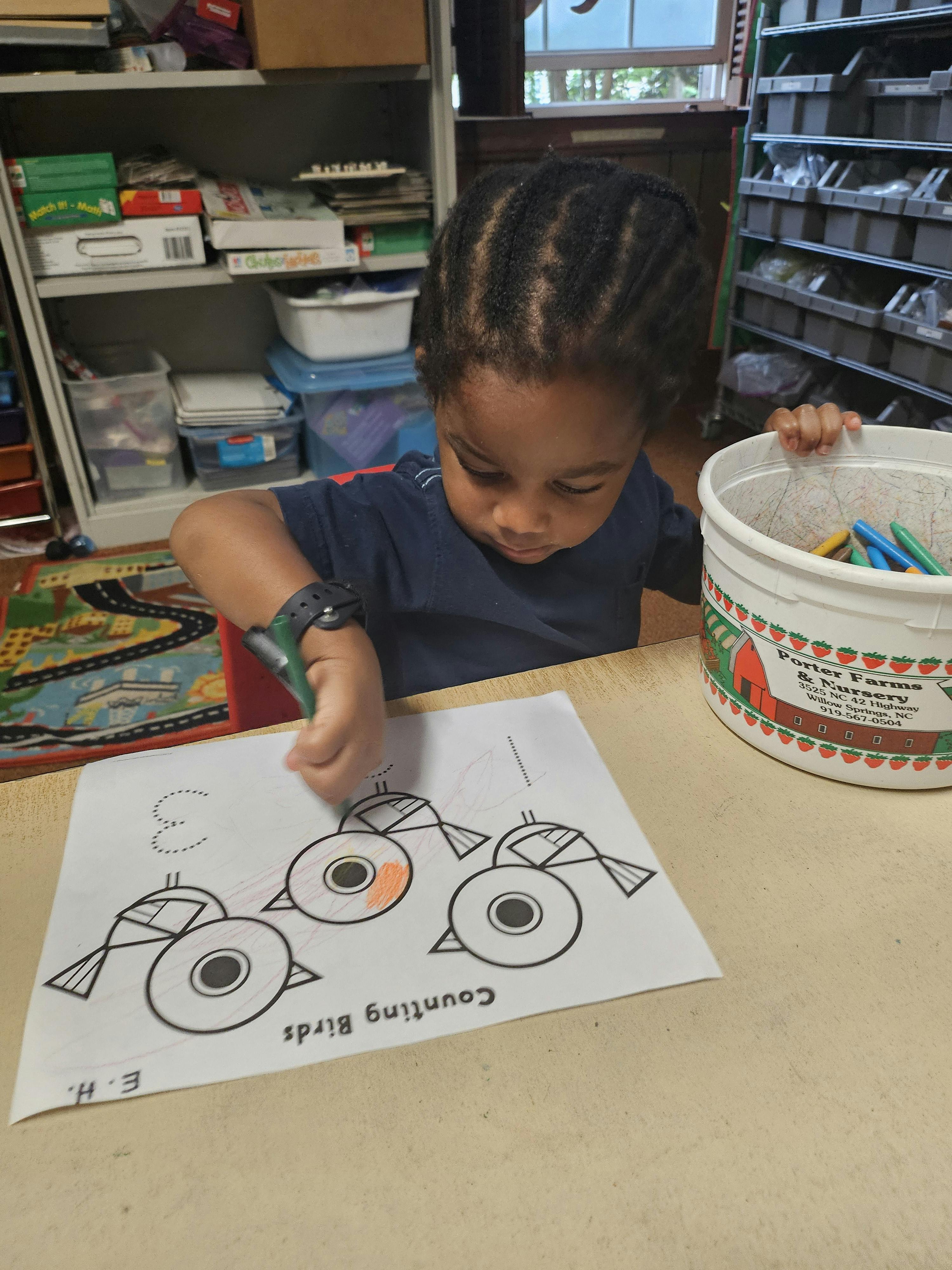 Child coloring a counting birds worksheet