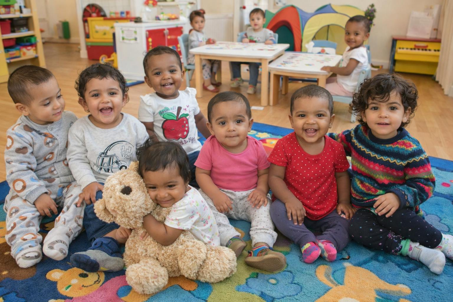 Seven smiling young children sitting on a colorful rug in a classroom