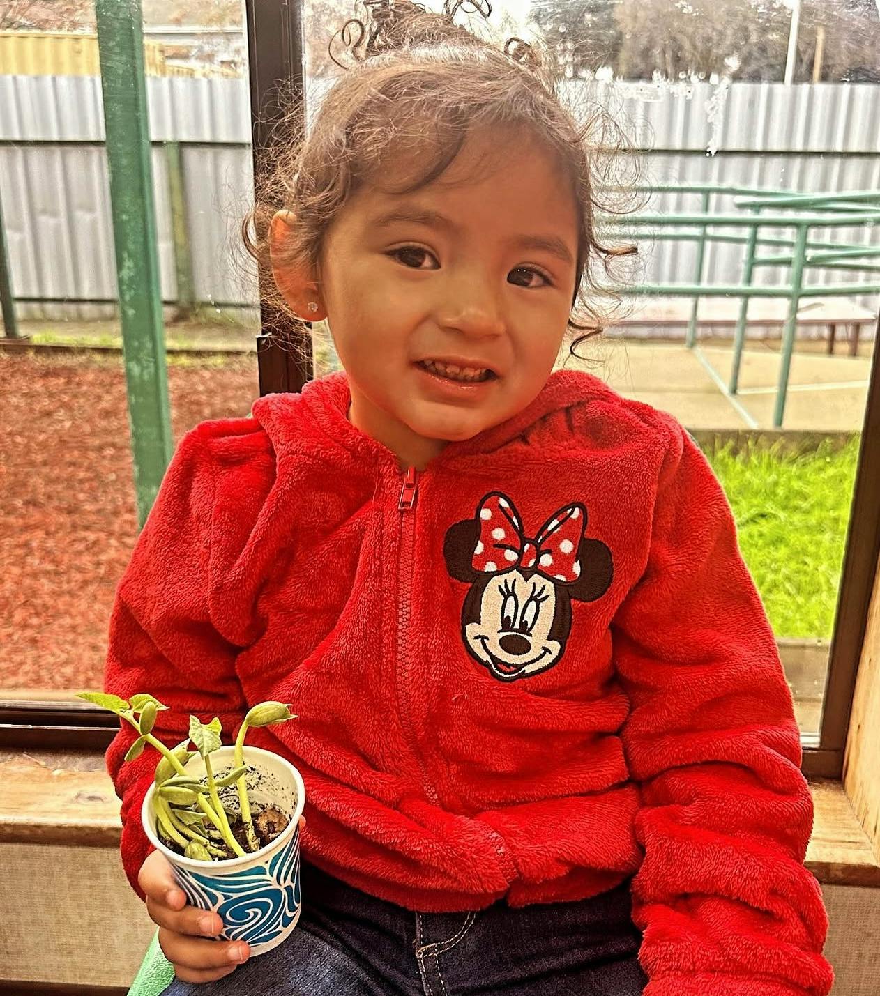 Child holding a small plant in a paper cup