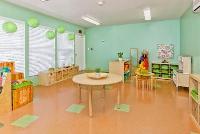 Empty classroom with small tables and chairs