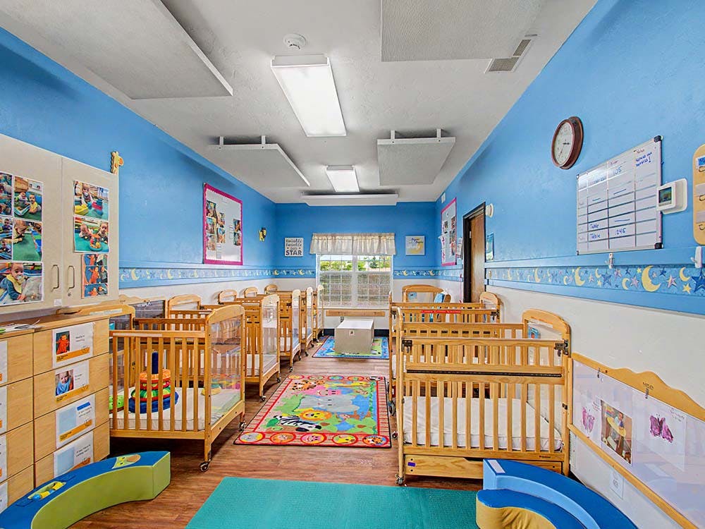 cribs in a brightly lit daycare nursery room