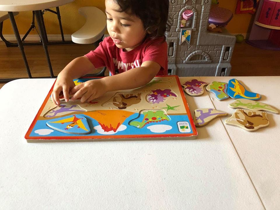 Child playing with a dinosaur puzzle