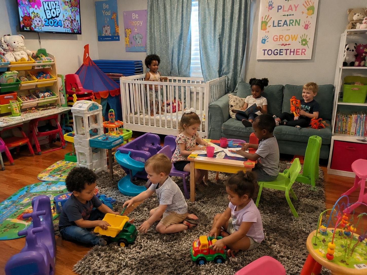Children playing in a home daycare setting with toys and books