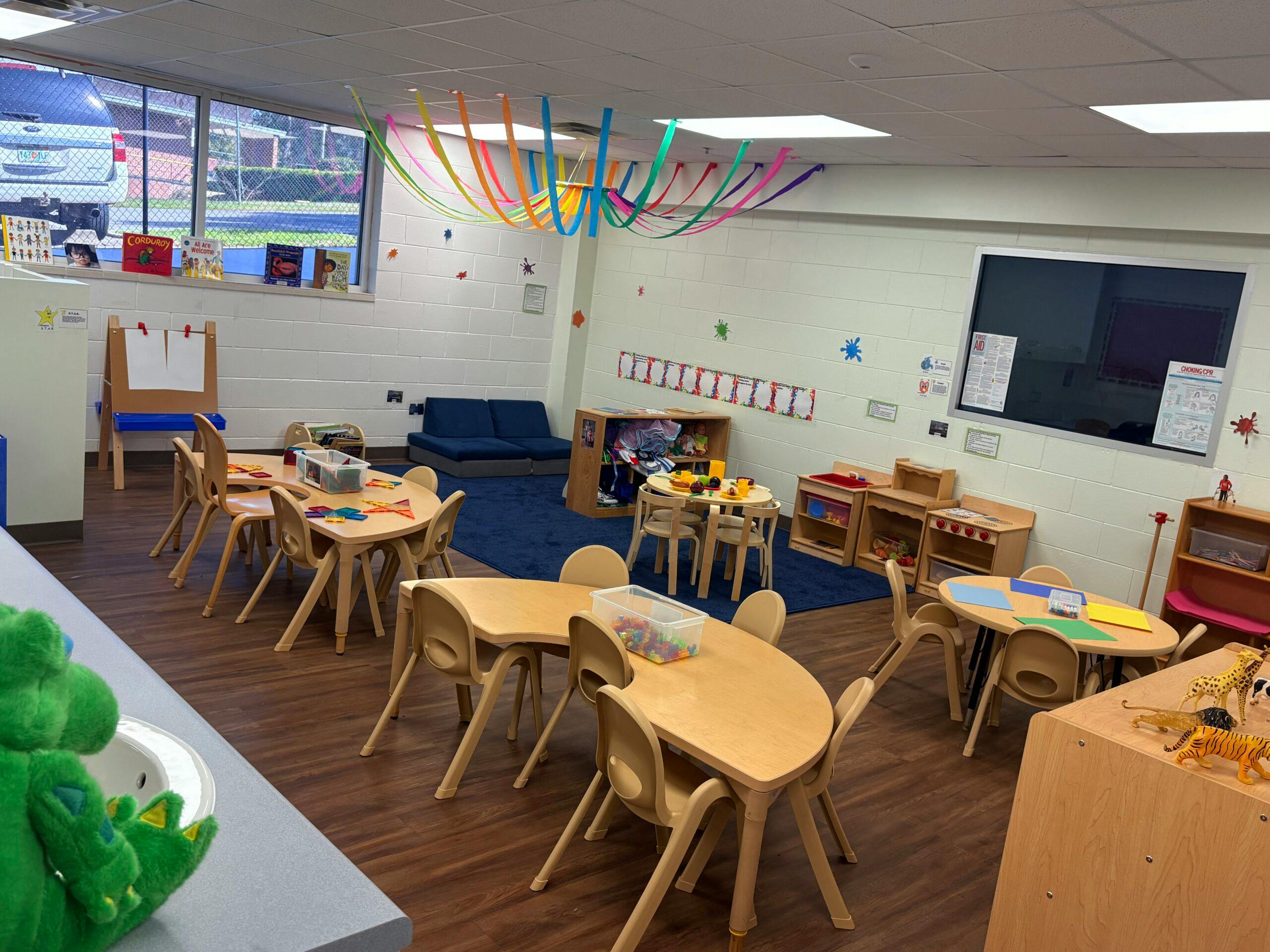 Empty classroom with small tables and chairs