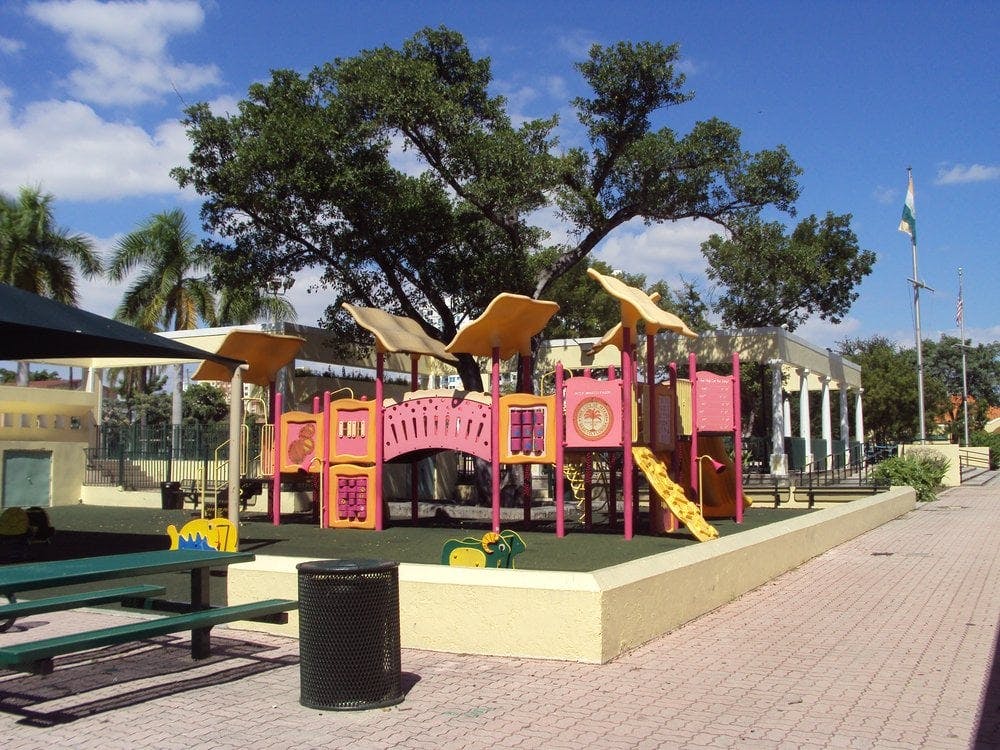Empty playground with slides and climbing structures