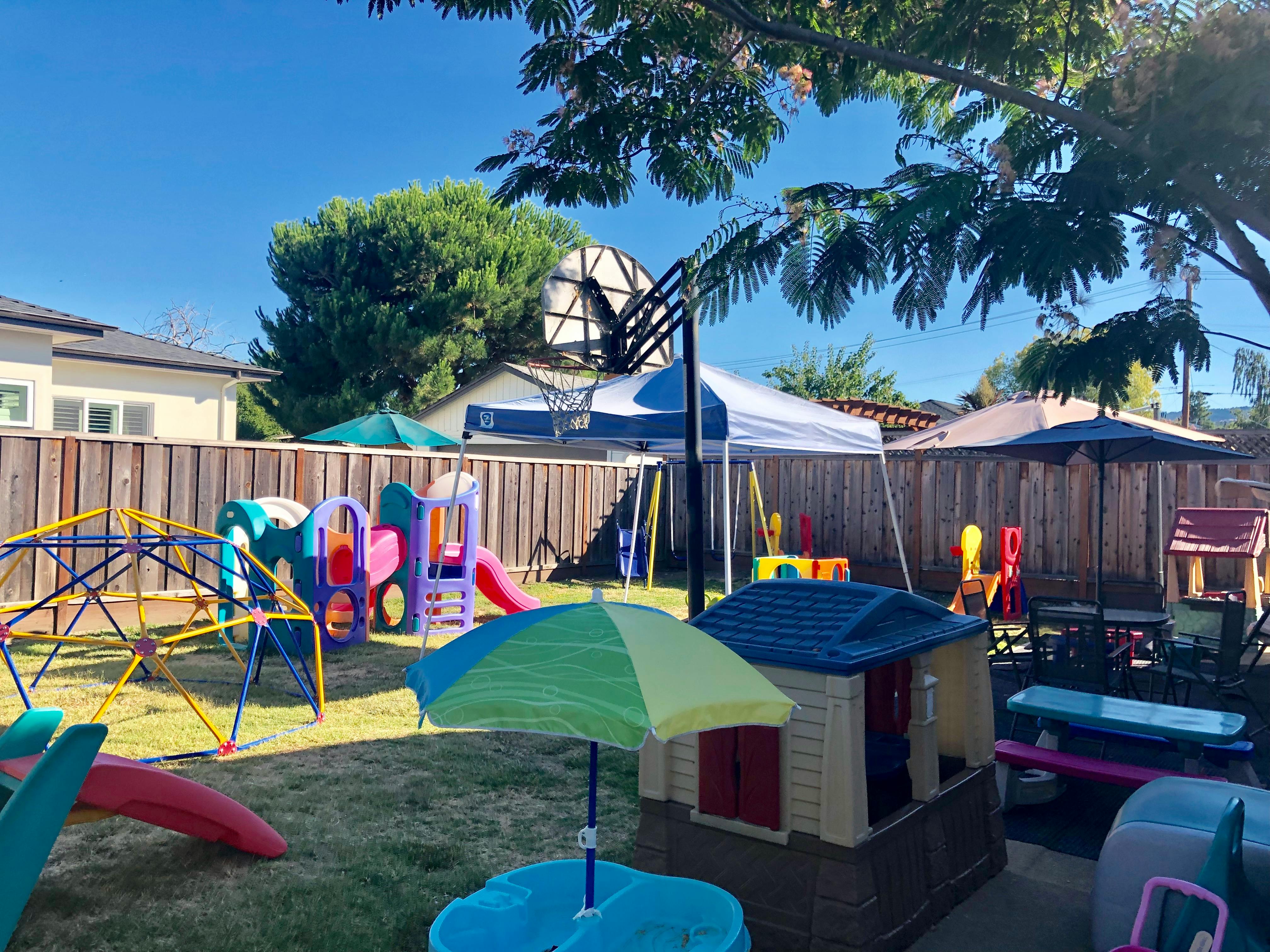 Backyard playground with various colorful play structures