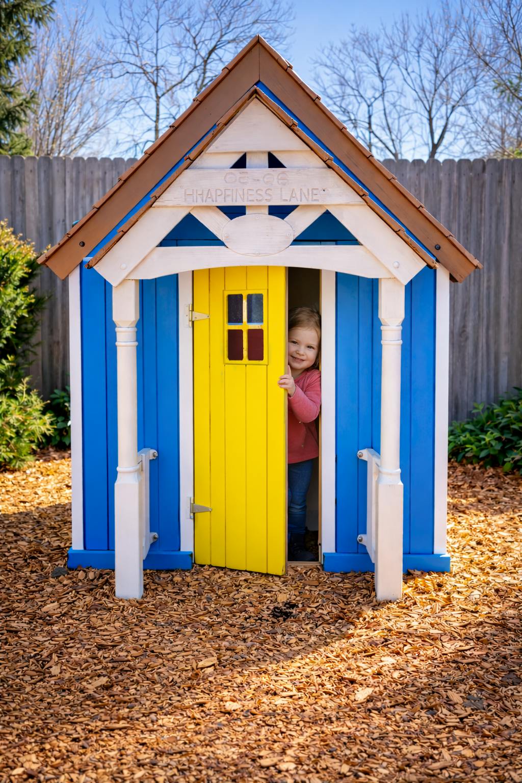 Child peeking out of a small blue and white playhouse with a yellow door