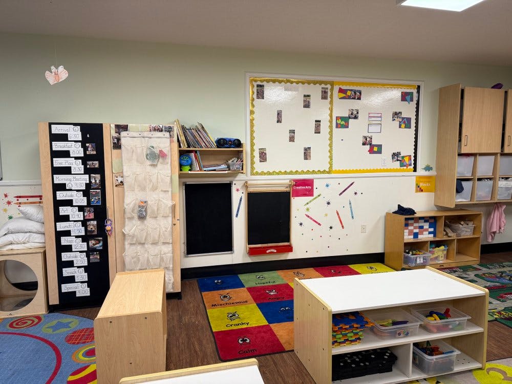 Classroom with colorful rug, art on the wall, and shelving with supplies