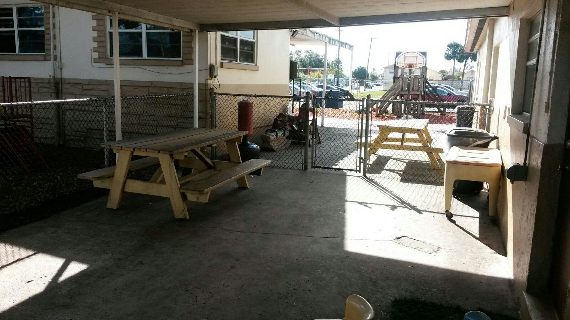 Two picnic tables under a covered patio