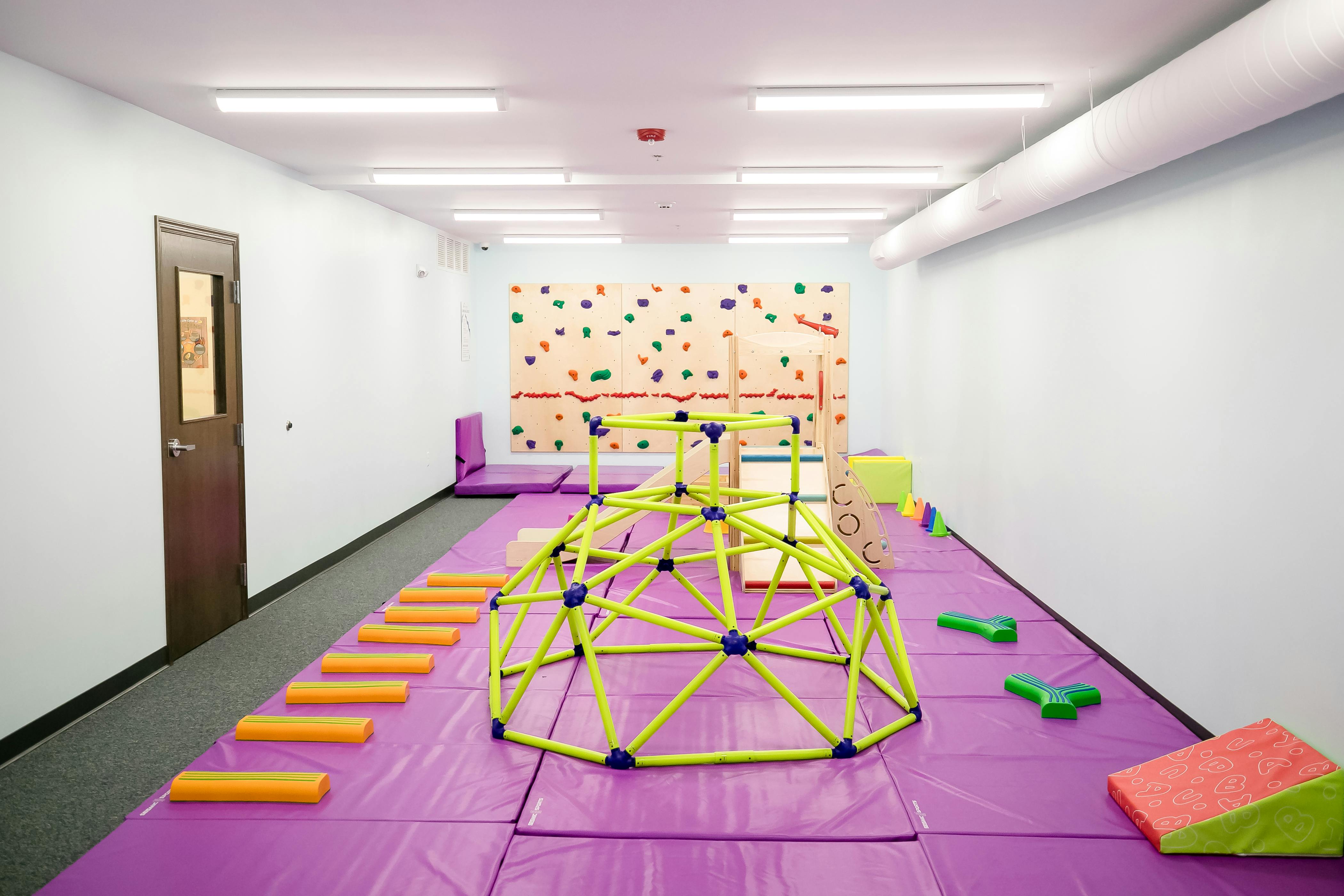 Indoor play area with a climbing dome, purple mats, and a climbing wall