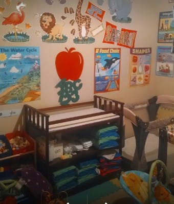 Changing table with folded clothes and educational posters on the wall