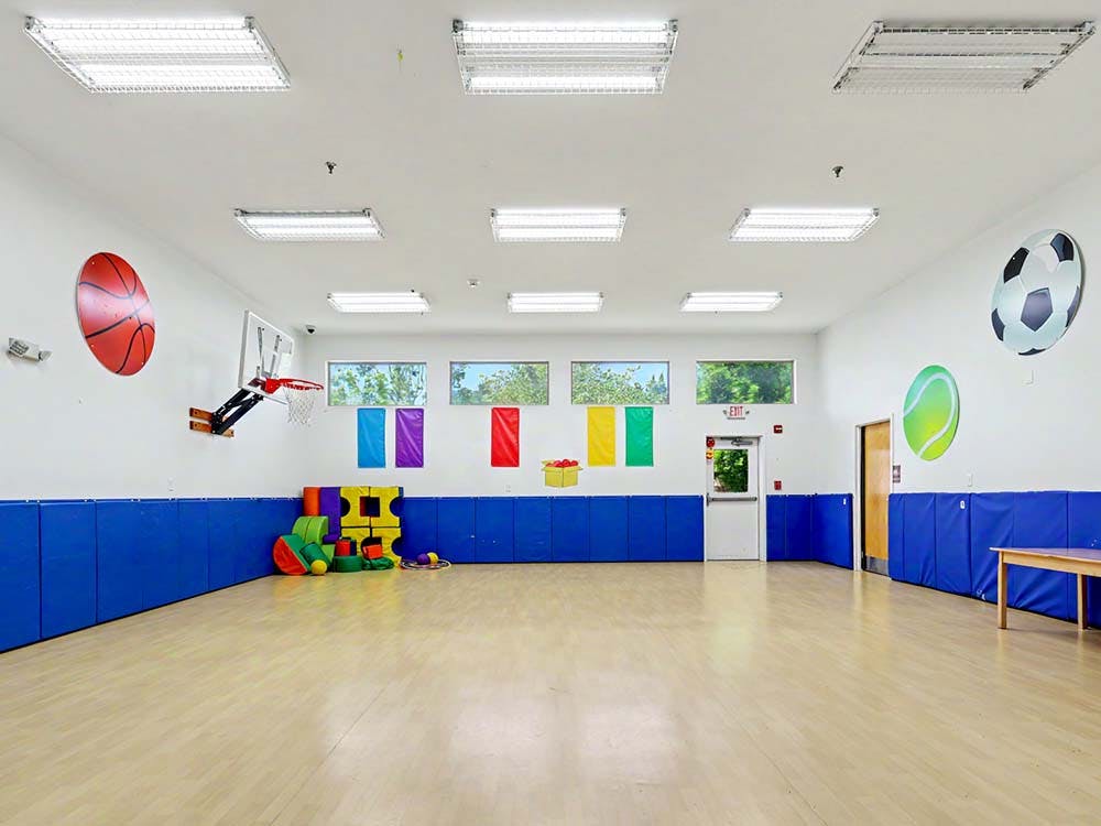 Empty indoor gym or play area with padded walls and sports-themed decorations