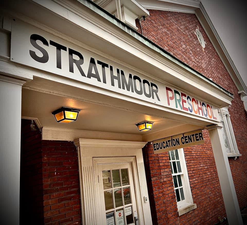 Strathmoor Preschool sign above a building entrance