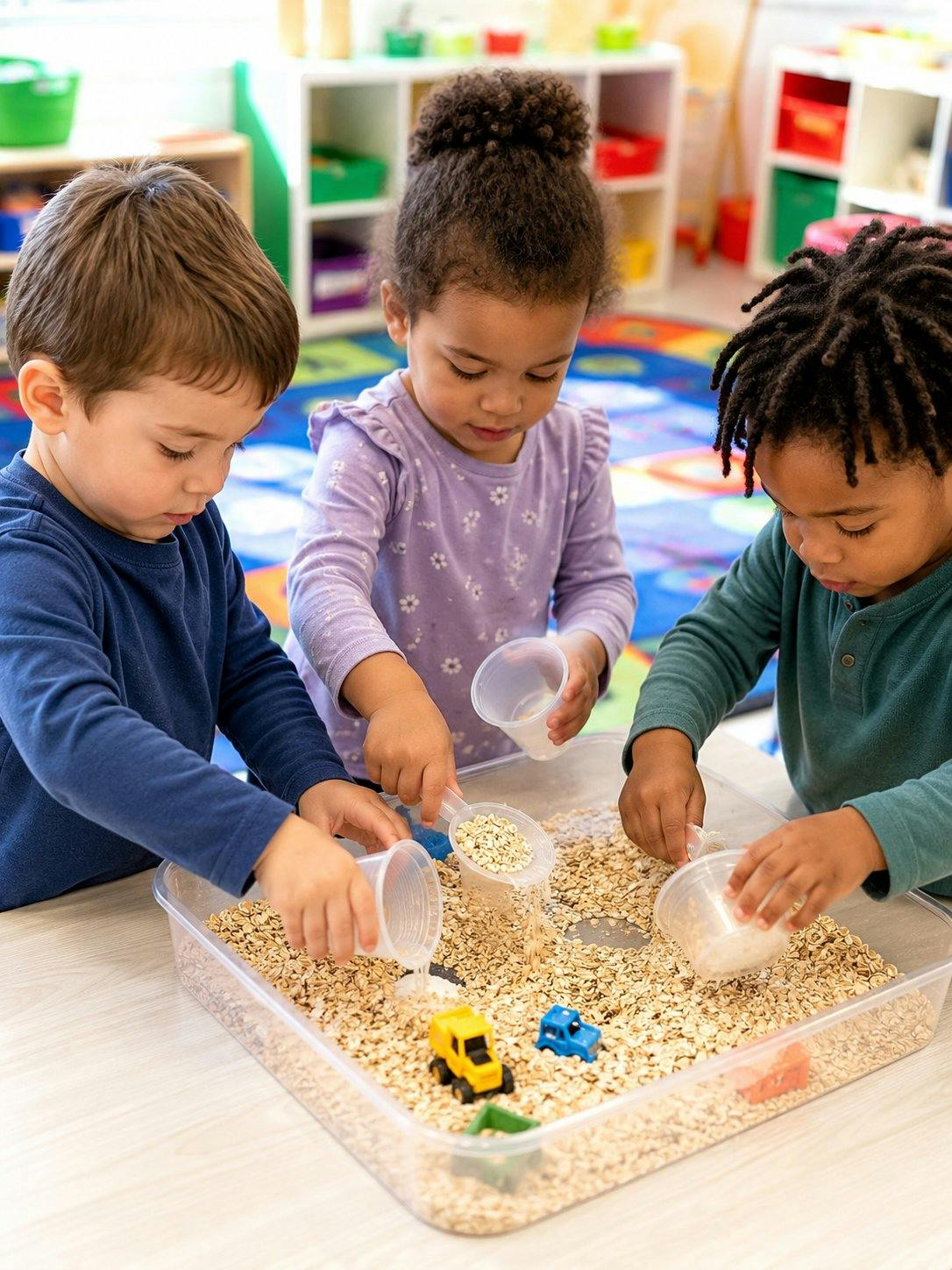 Three children playing with scoops and grain in a sensory bin