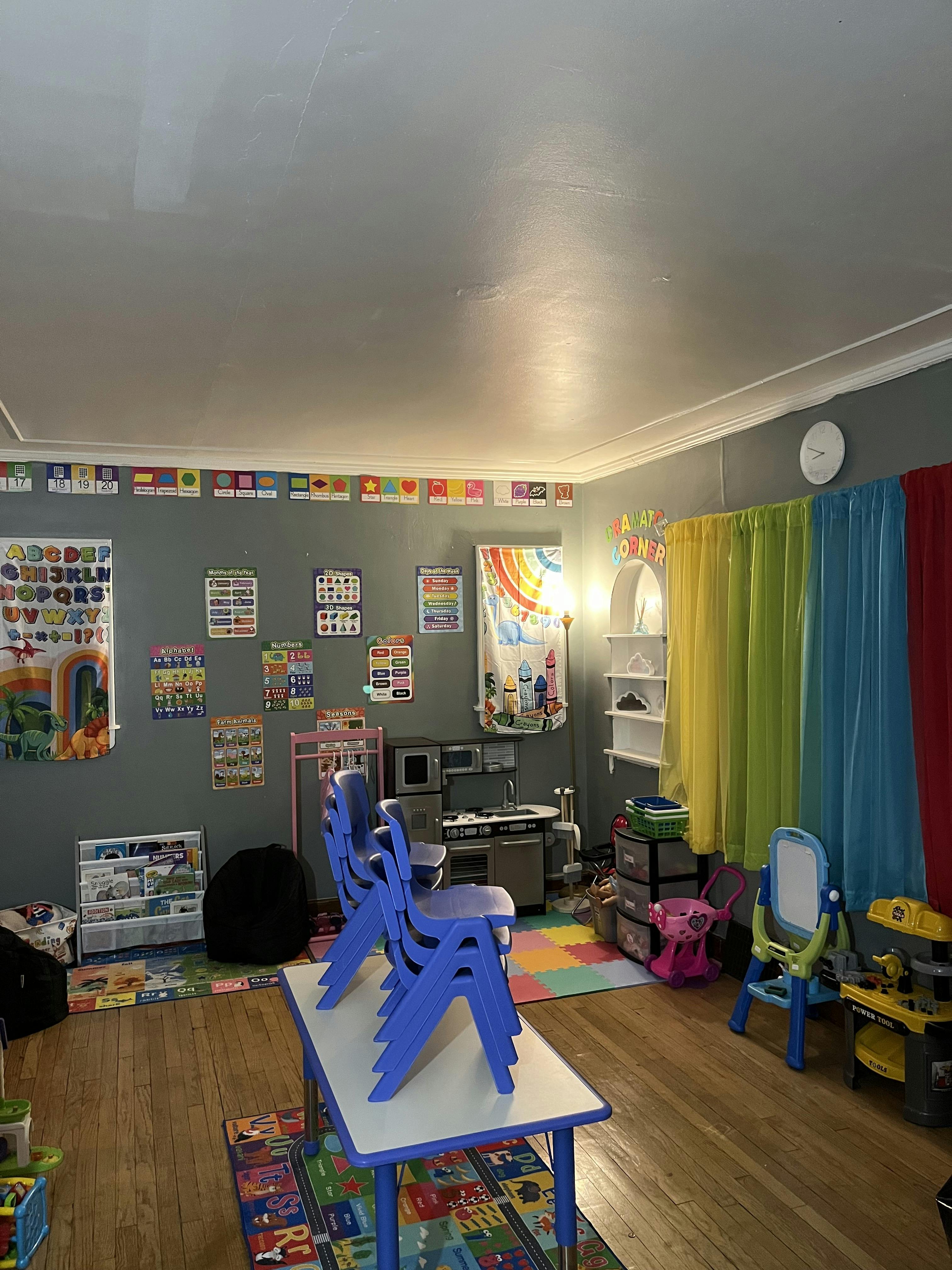 Classroom with colorful decorations, posters, and small tables and chairs