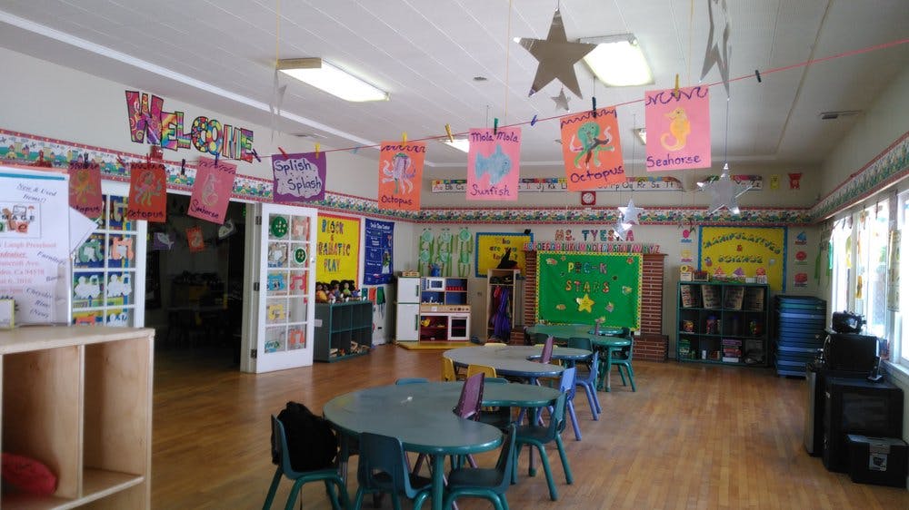 Classroom with small tables and chairs, decorated with colorful banners