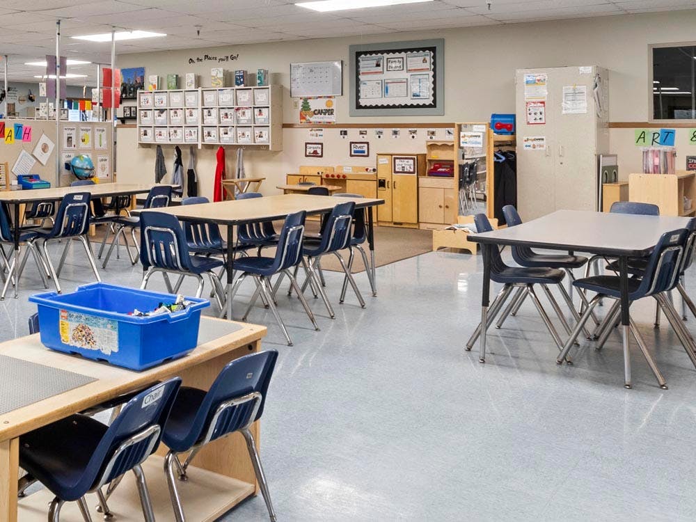 Empty classroom with tables and chairs
