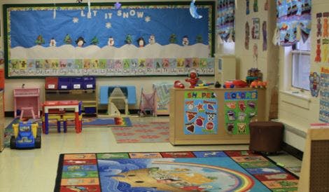 Classroom with colorful rugs and decorations