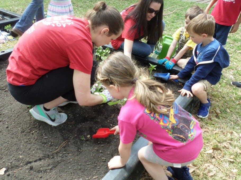 People and children planting in a garden