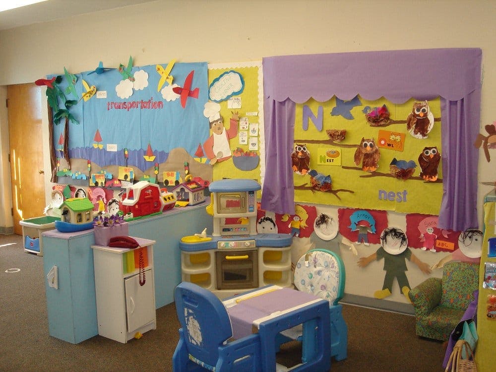 Playroom with colorful wall decorations and child-sized furniture
