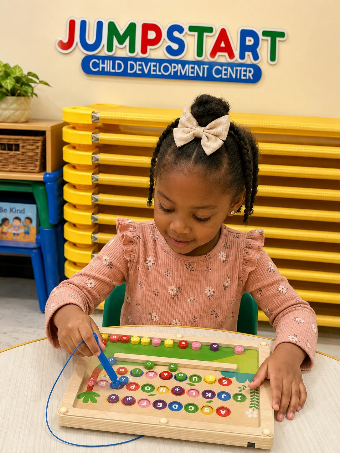 Child playing with an alphabet maze board at Jumpstart Child Development Center