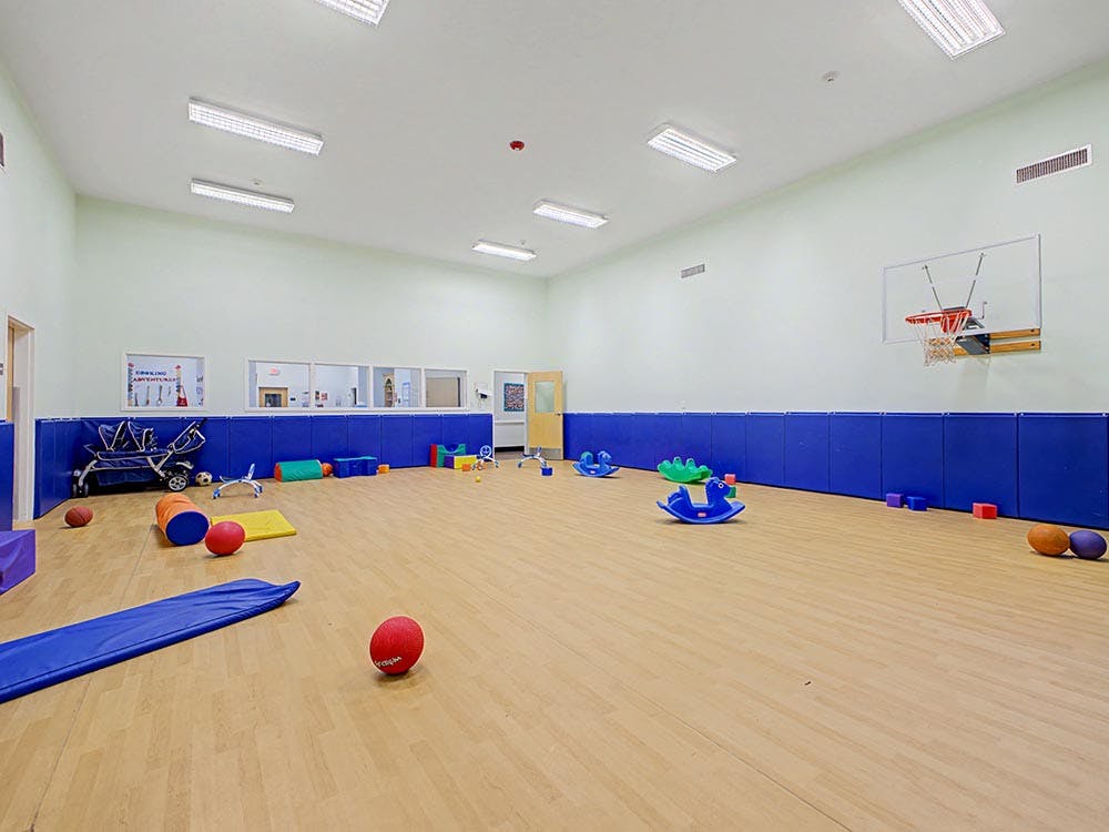 Playroom with padded blue walls, small basketball hoop, and various toys