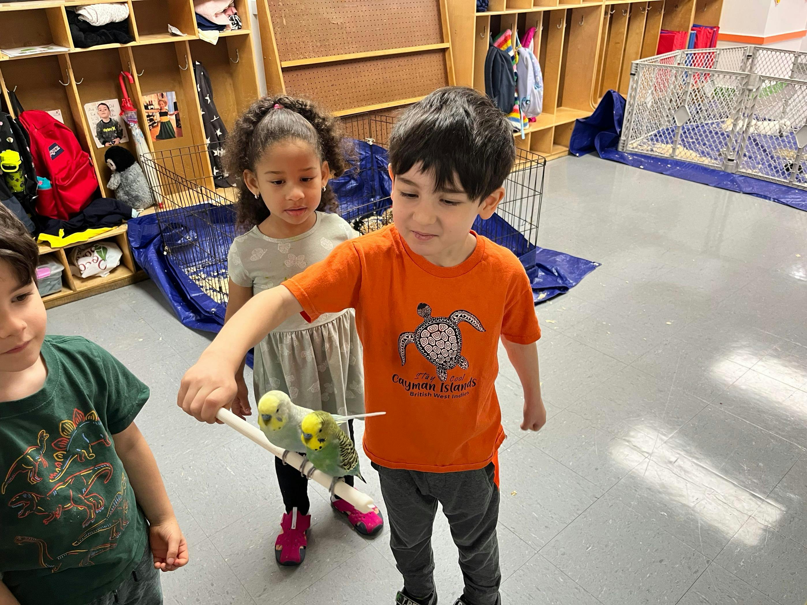 Child holding a parakeet on a stick with other children nearby
