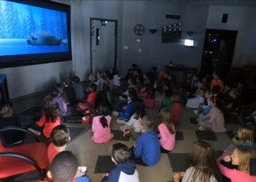 Children sitting on the floor watching a large screen