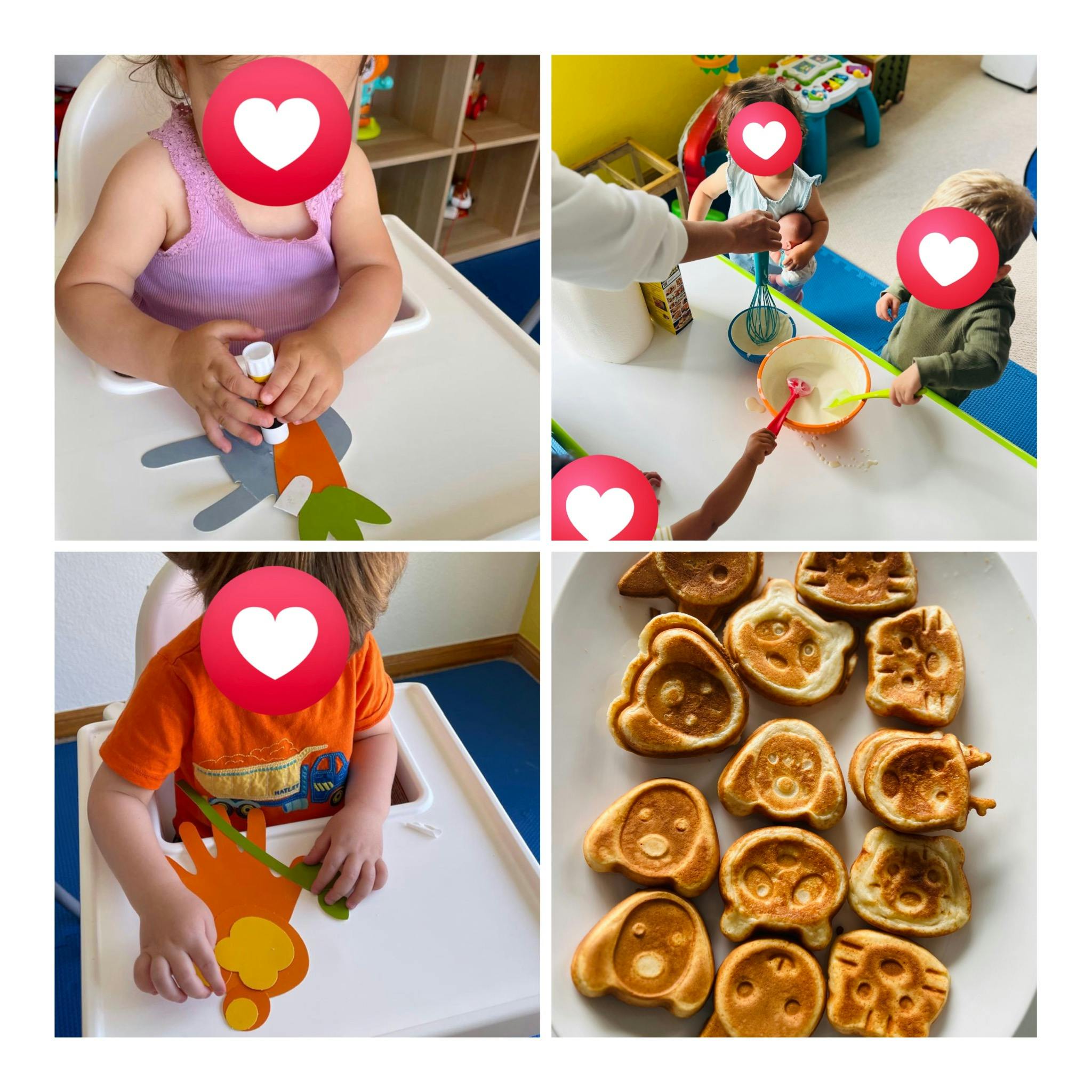 Collage of children playing and animal-shaped waffles