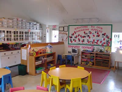 Classroom with small tables and chairs, storage, and a "Computer Center" sign