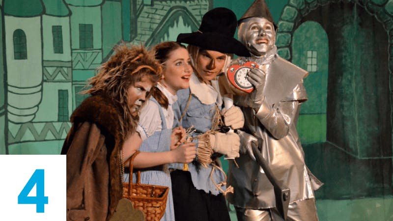 Four people dressed as characters from The Wizard of Oz on stage