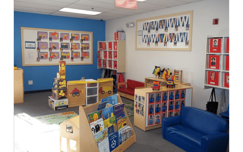 Classroom with child-sized furniture and artwork on the walls