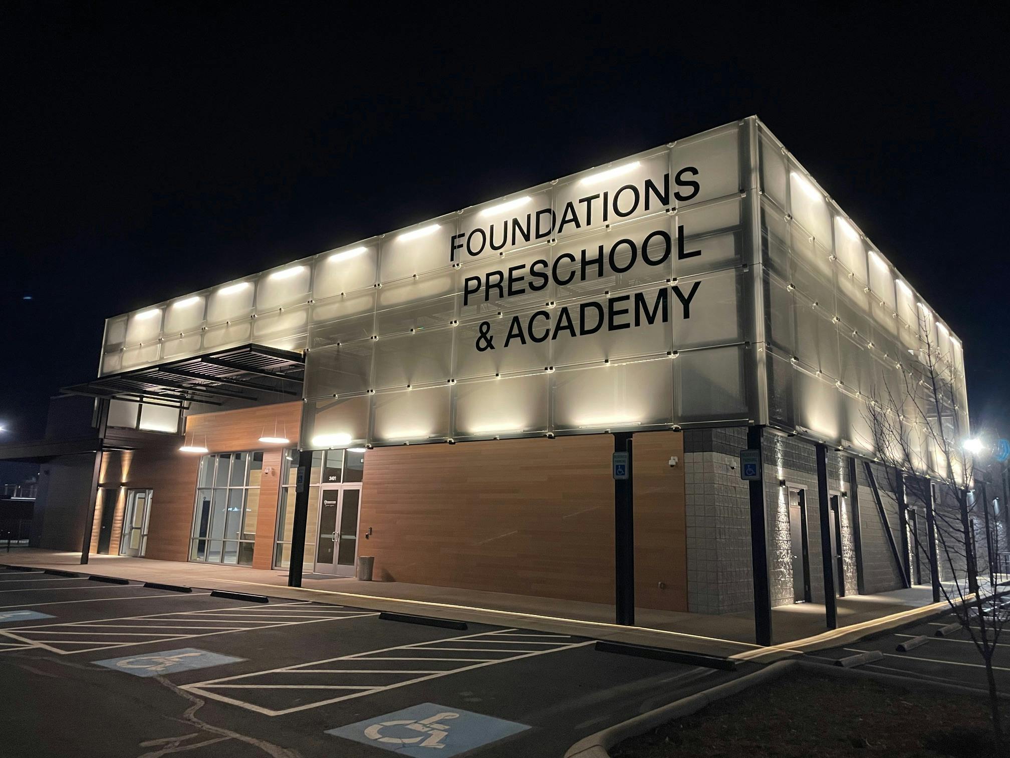 Foundations Preschool & Academy building at night