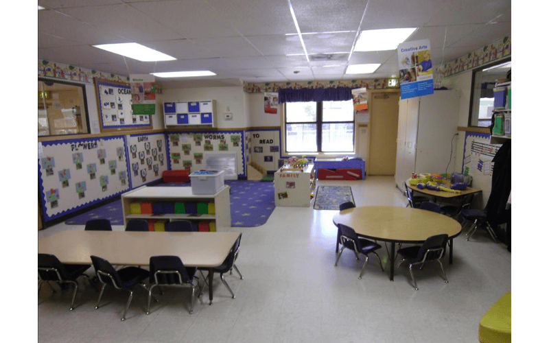 Empty colorful classroom with small tables and chairs