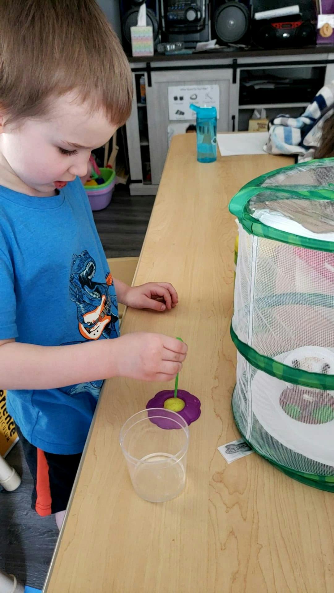 Child playing with a toy on a table next to a mesh enclosure