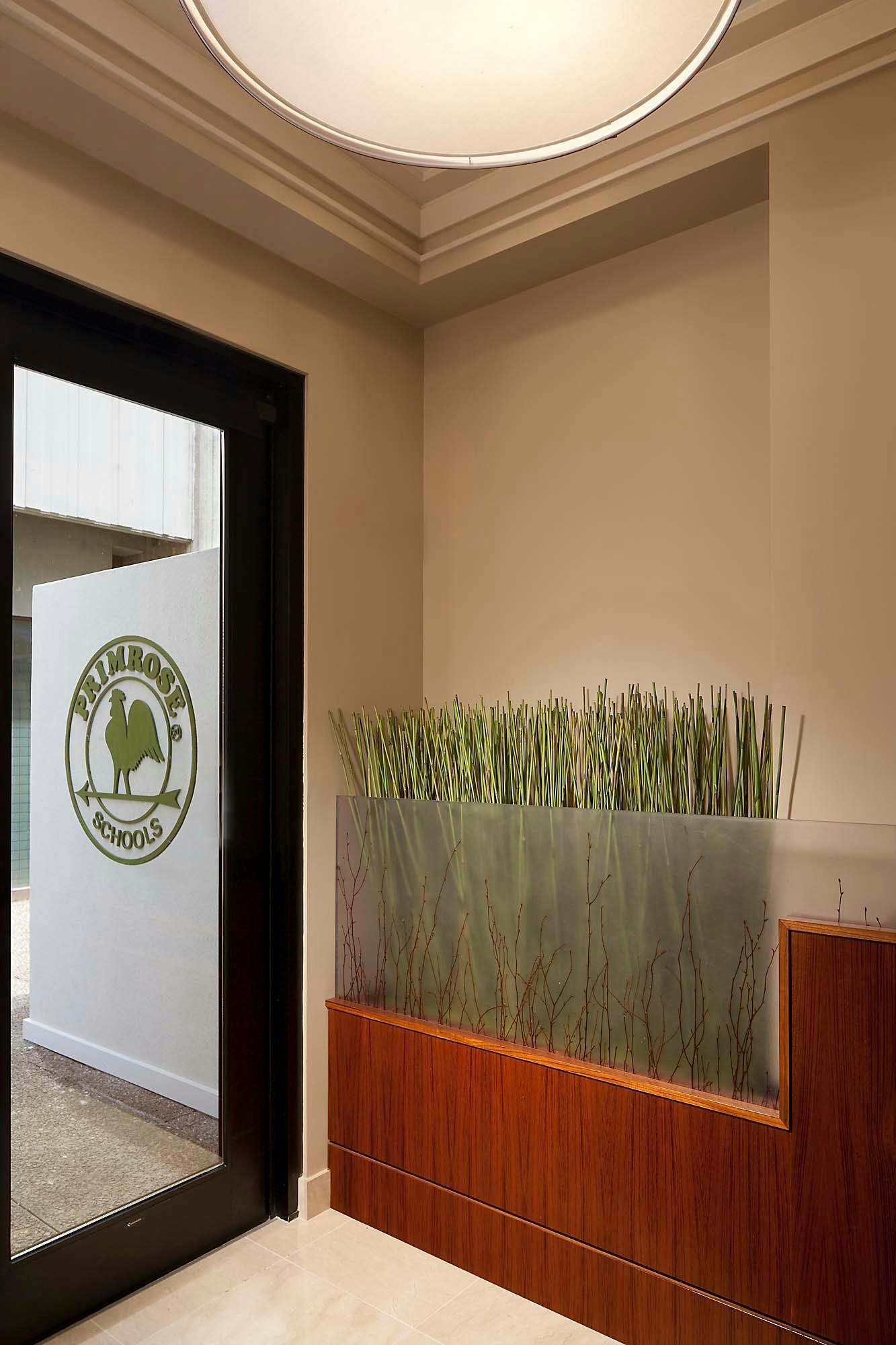 Door with Primrose Schools logo and a planter with tall grass