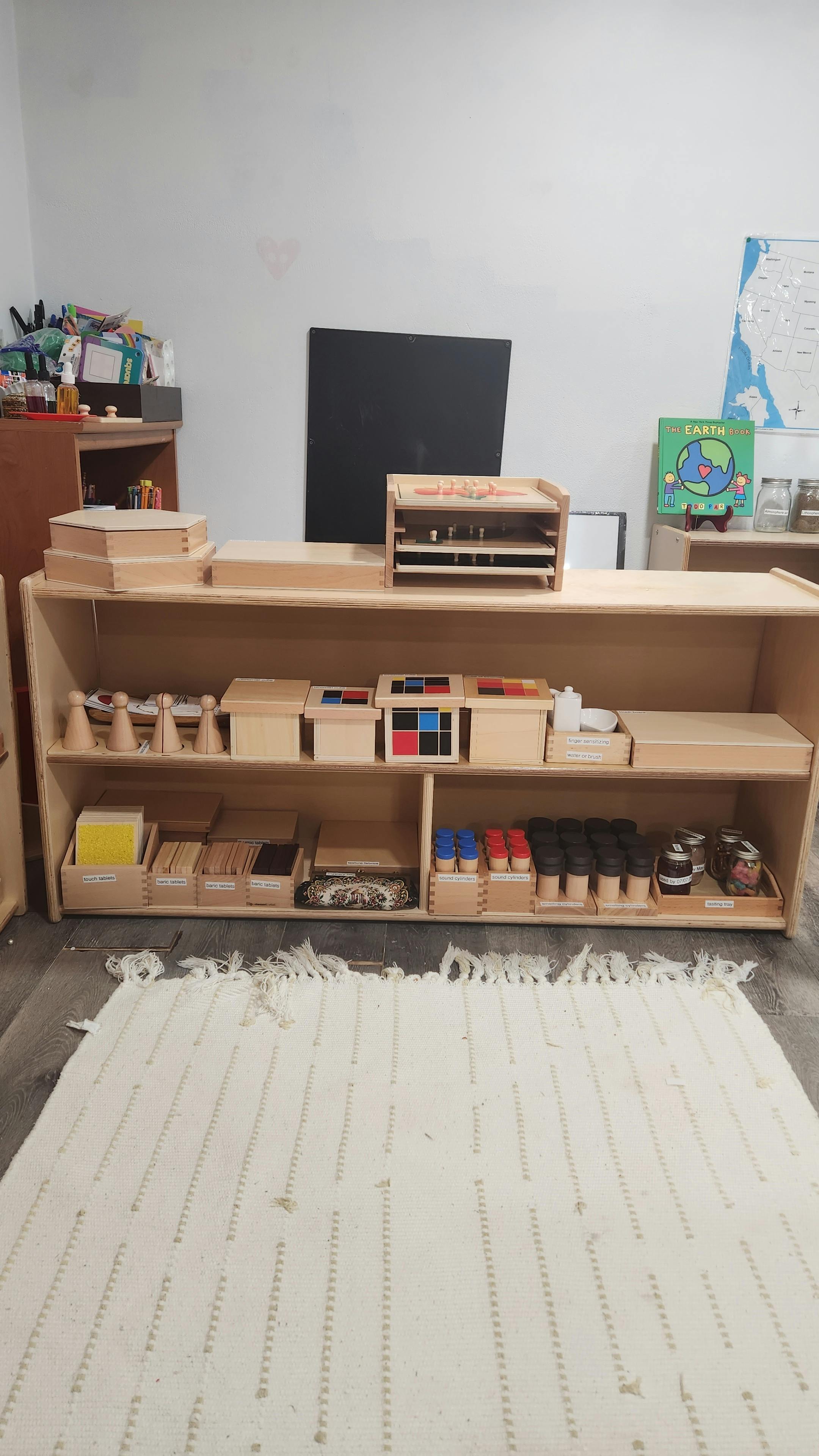 Wooden shelves with various educational materials and a rug on the floor