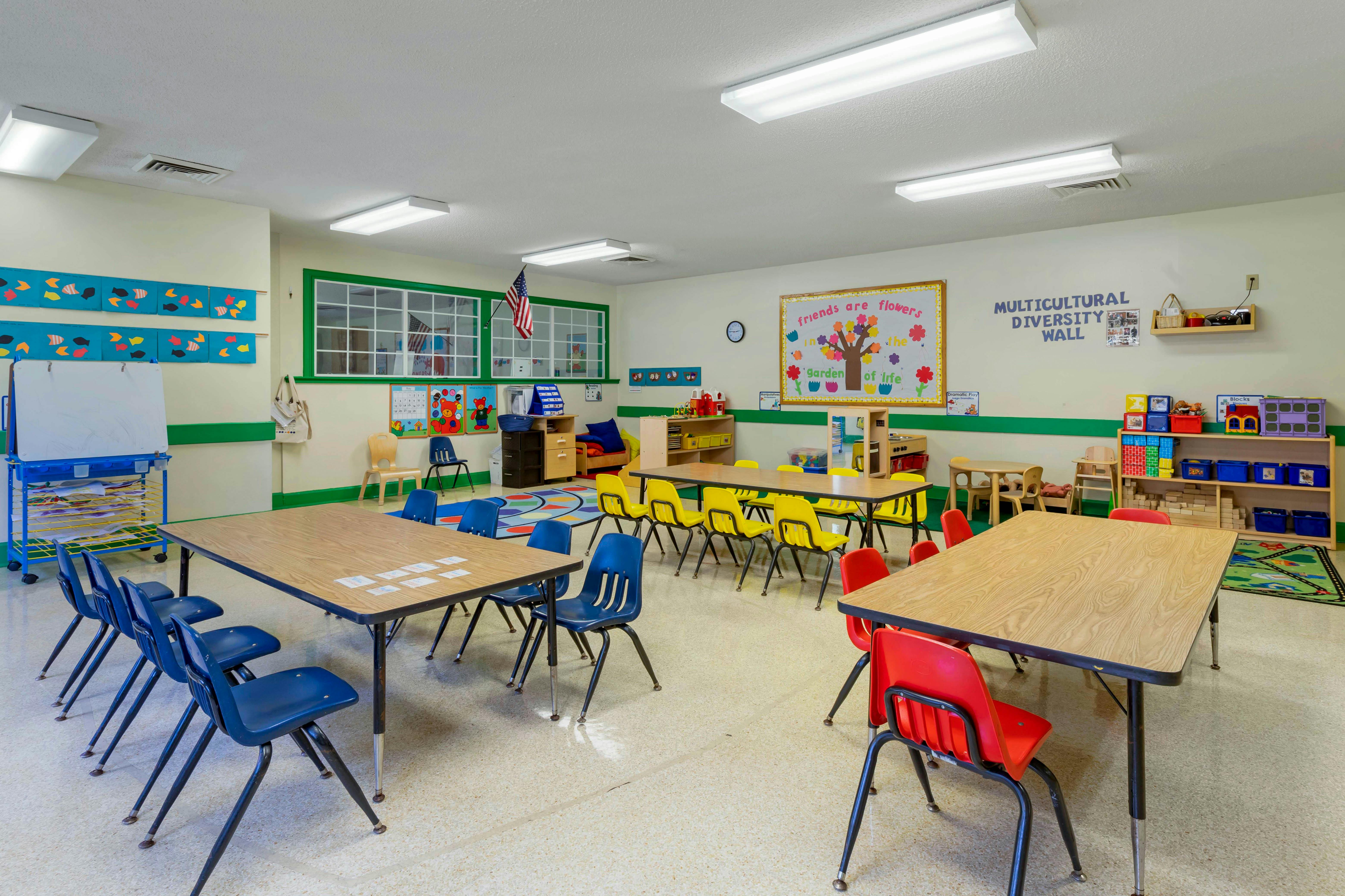 Classroom with tables and chairs for children, decorated with learning materials