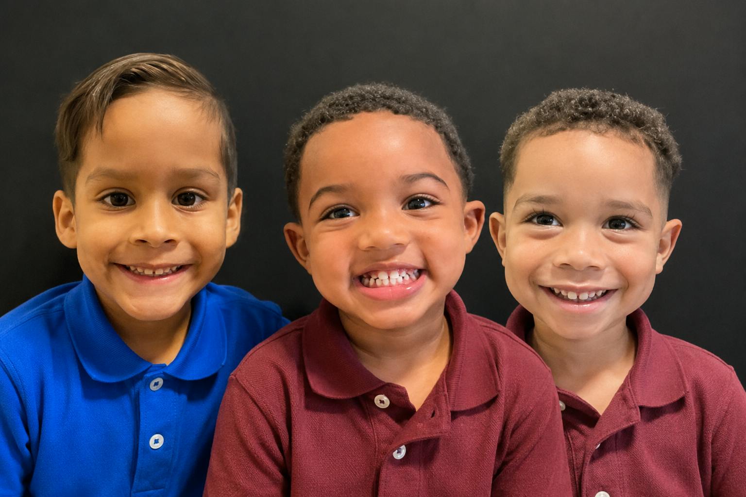 Three children smiling against a black background